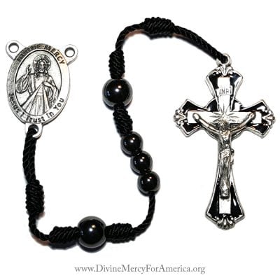 Divine Mercy Hematite Rosary on Black Cord with St. Faustina - Divine Mercy