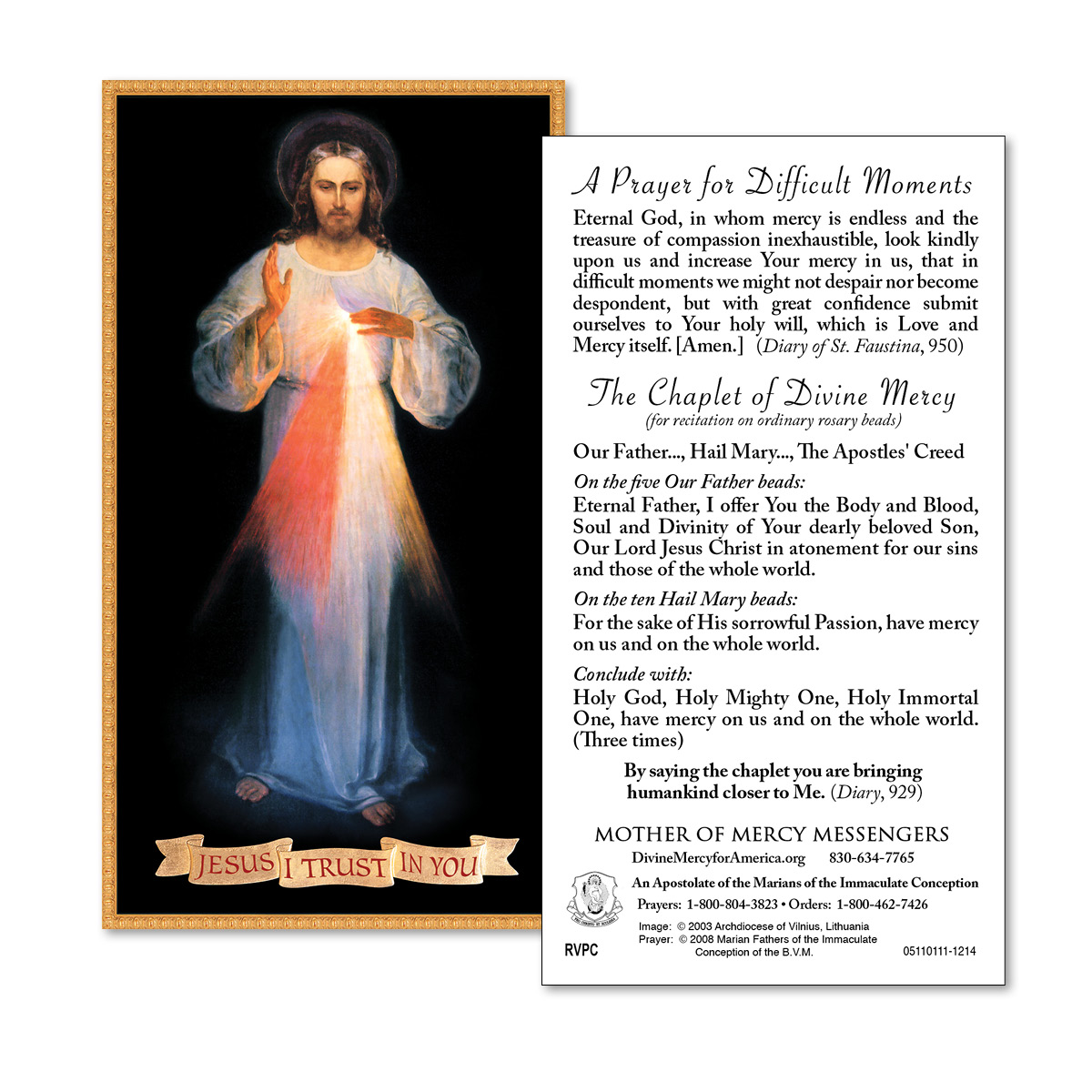 Prayer for Difficult Moments with Vilnius Image - Divine Mercy